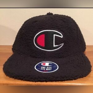 Champion Mens Cap Fuzzy Sherpa Black Baseball Hat Logo Flat Brim Leather Strap